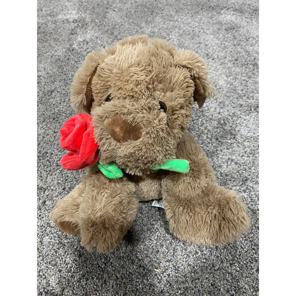 Russell Stover Coco the Love Pup Plush Dog Brown Shaggy Stuffed Animal with Rose